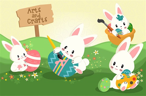 Four white cartoon bunnies holding painted eggs