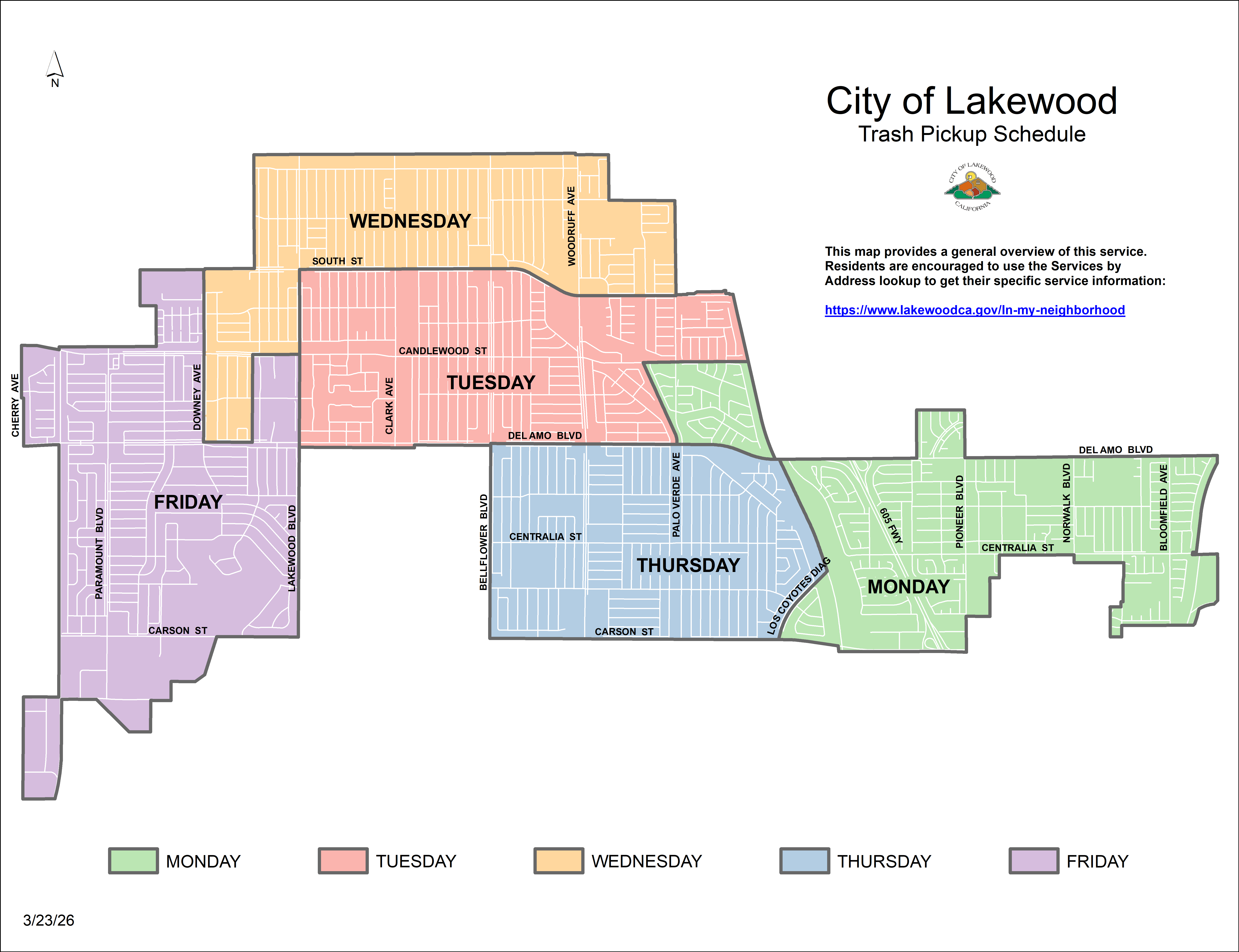 Map showing general trash pickup days by area in Lakewood.