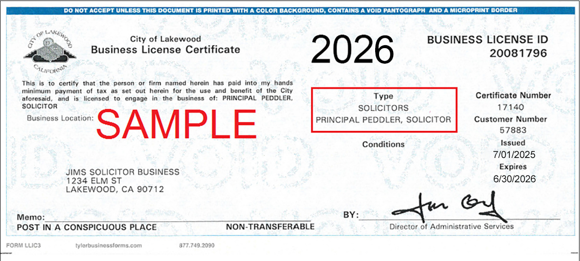 Sample Solicitor Business License 