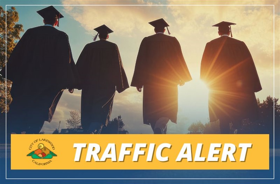 Graduates in cap and gown with text Traffic Alert